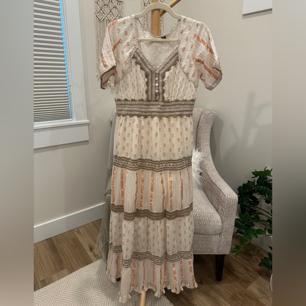 Boho Metallic Thread Maxi Dress | Cream Rose Gold Embroidered | Crochet Trim | - Picture 2 of 7